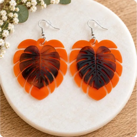 Orange and tortoise shell monstera earrings